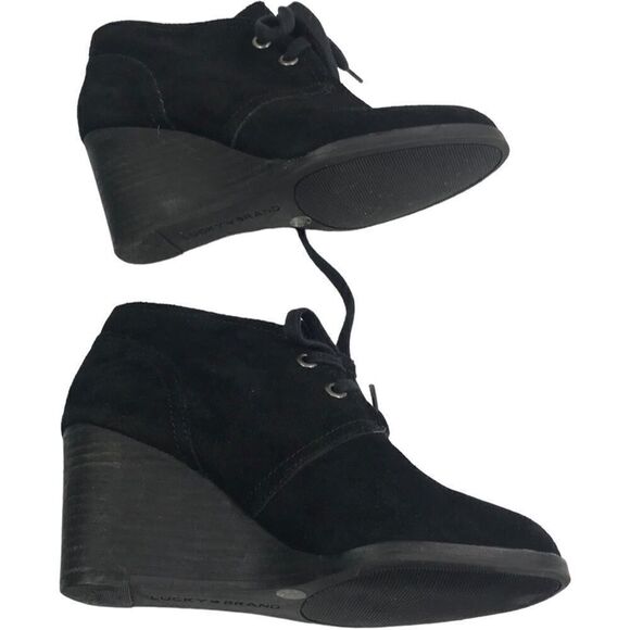 Lucky Brand Sway Black Suede Leather Wedge Ankle Booties - Picture 5 of 10